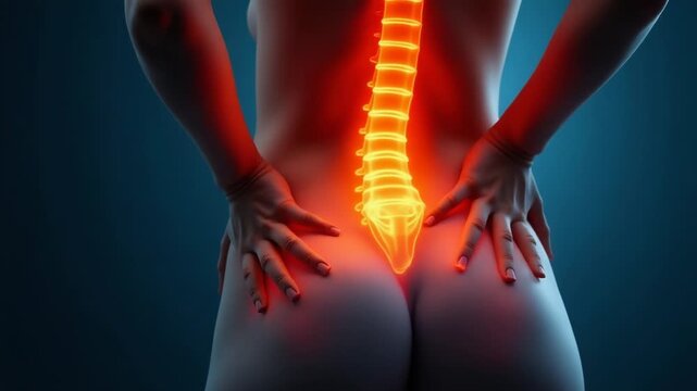 Video A woman is shown holding her back in agony, conveying a sense of discomfort and distress