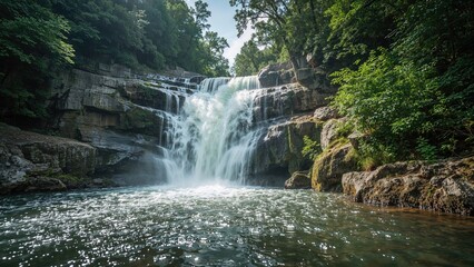 Wild waterfall flowing over rocks in a lush green forest setting. Tranquil nature scene with water cascading into a pool.