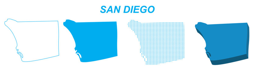 San Diego Map Vector Set, California Outline Silhouette Dotted 3D Solid Shapes, San Diego City Infographic Template, Editable EPS San Diego Geography © Kasun