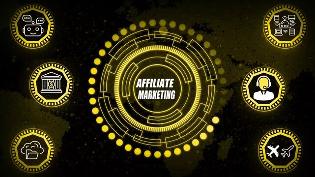 Engaging affiliate marketing animation illustrating partner conversions, commission flow graphics, referral performance visuals and digital promotion ecosystem connectivity