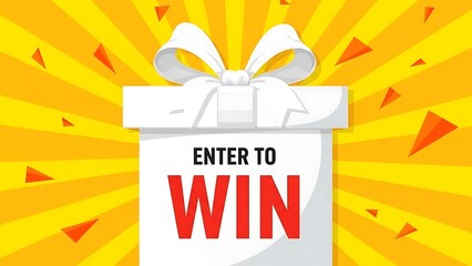 Vibrant 'Enter to Win' Gift Box Illustration for Online Contests, Giveaways, and Promotion Campaigns with Bright Sunburst Background and Confetti