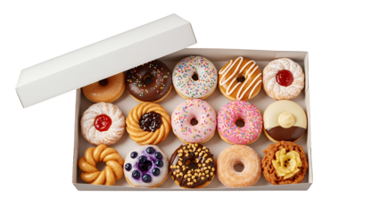 Assorted donuts in a box isolated on transparent background