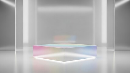Colorful prismatic cube in a minimalist white room with soft lighting rainbow