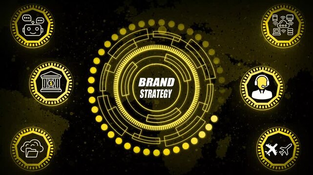 Corporate brand strategy animation highlighting competitive positioning, market value focus, strategic planning motion elements and long-term identity development visuals