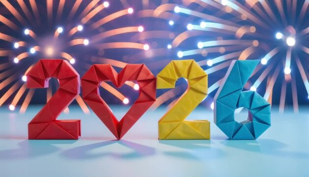 2026 chiffres origami color&eacute;s avec explosion de feux d'artifices symbolisant la joie vers l'avenir