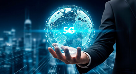 Businessman holding 5G globe for the concept of Technological innovation and communication.