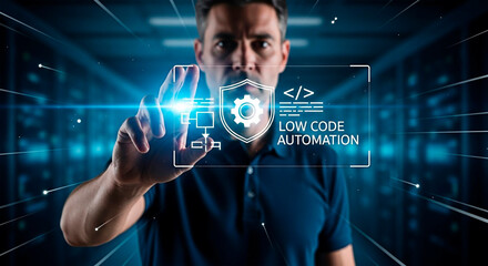 Man interacting with low code automation interface for the concept of technology innovation.