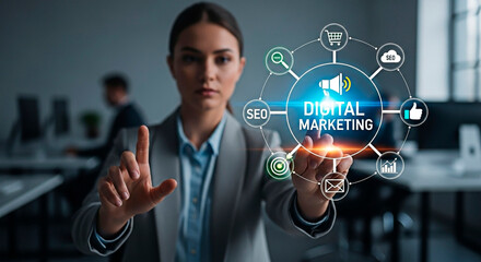 A businesswoman using digital marketing interface for the concept of technology and modern work.
