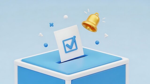 Online Voting System Representation with Ballot Box, Checked Vote, and Notification Bell for Surveys and Important Decisions