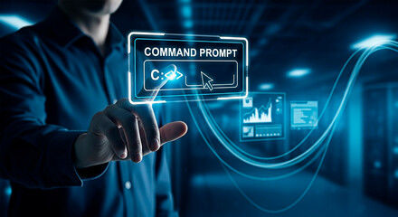 A man interacting with a digital command prompt, concept of technology and data processing.