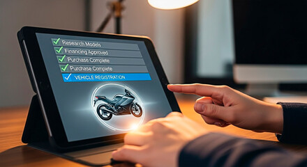 Tablet device with vehicle registration on a screen for a modern online system.