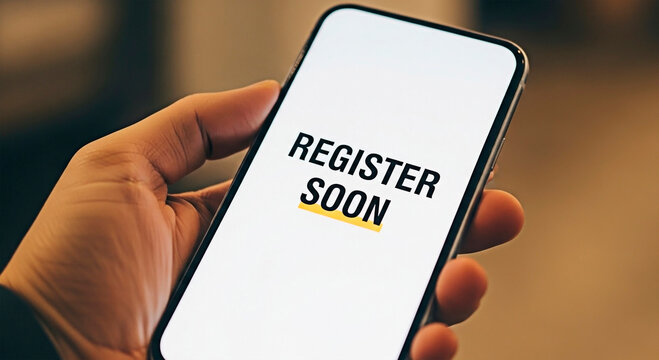 A hand holding a mobile phone with Register Soon text for online registration concept.