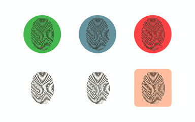 Creative fingerprint line art symbol set including color-accented and black-and-white styles, ideal for identity protection graphics, secure login screens, biometric scanning concepts, and technology-