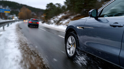 Fototapeta premium A stunning view of a car navigating a winding road surrounded by snow-covered trees, showcasing the beauty and challenges of winter driving conditions outdoors.