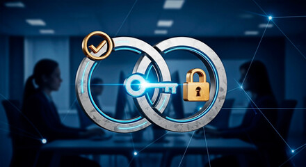 Data security and cybersecurity concept design on the background of a business meeting to show network security for the digital security.