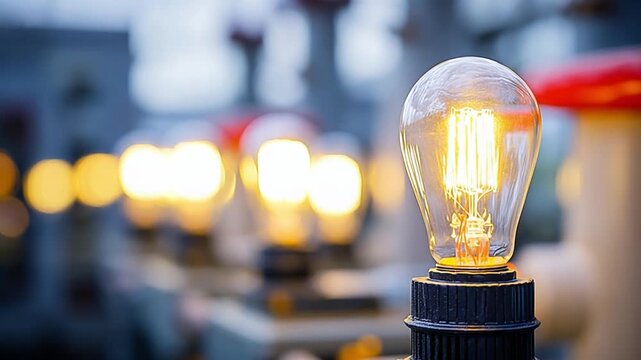 Retro Filament Bulb Glow: A vintage-style filament bulb glows warmly against a blurred backdrop of an industrial interior, casting a soft, nostalgic light.