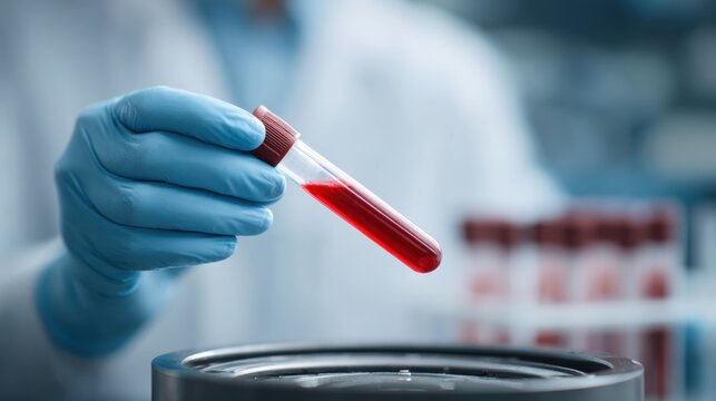 A scientist in a lab is holding a test tube filled with red liquid. The lab has various equipment and supplies in the background. The scientist is wearing gloves as part of the safety measures - Powered by Adobe