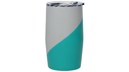 Modern insulated tumbler in gray and teal isolated on transparent background