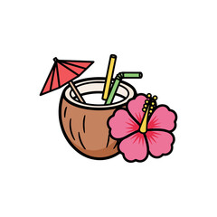 Coconut Cocktail With Straw Umbrella And Hibiscus Flower.
