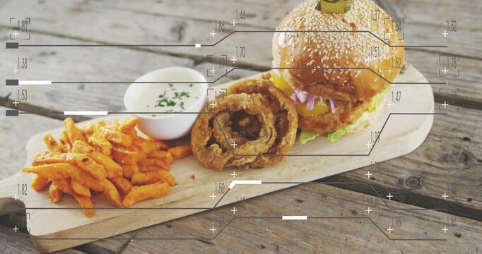 Camera pushing in toward plated burger, HUD marks sweeping, revealing pickle spear, showing menu