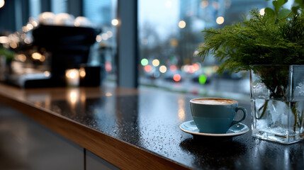An elegant coffee cup sits on a polished countertop against a backdrop of lush plants, suggesting a blend of sophistication and comfort in a modern café setting.