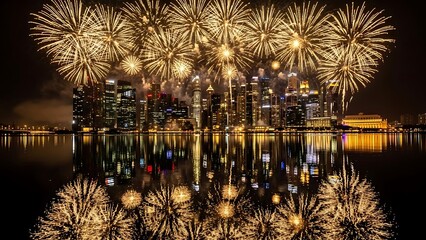 City skyline illuminated by fireworks