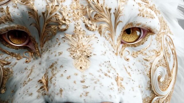 Close up of a decorative lion with ornate golden patterns and details