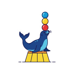 Cute circus seal balancing colorful balls on its nose.