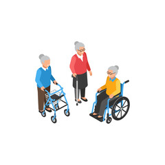 Elderly people with mobility aids in care setting.