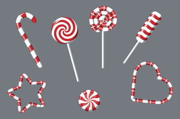 Set of vector illustrations  of candies. New Year's bright striped lollipops o a stick.