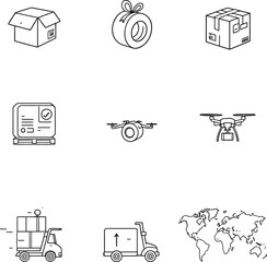 Monochrome Vector Illustration of Logistics and Delivery Icons Depicted in Minimalist Style Featuring Packaging, Documentation, Drones, Forklift, Truck, and Global Shipping to Represent Supply Chain 