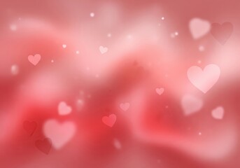 Abstract romantic red and pink background with floating hearts and soft bokeh lights