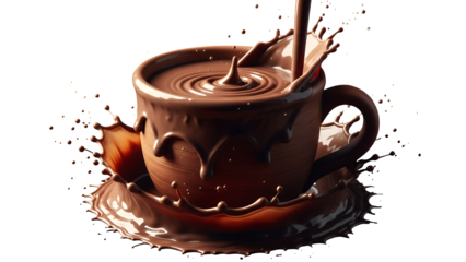 Hot chocolate splash with brown liquid milk in a breakfast mug isolated on transparent background