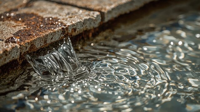 Water flowing from a brick edge into a pool or stream.