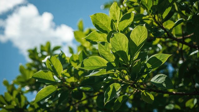 Green leaves on a tree with a blue sky and clouds in the background. - Powered by Adobe