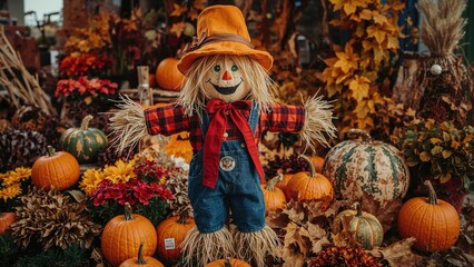 Festive scarecrow doll among pumpkins, autumn leaves, and flowers in fall decorations. Harvest display with seasonal decor.