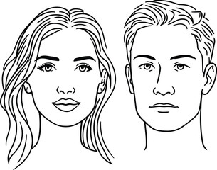 Monochrome Vector Illustration of Two Stylized Human Faces Depicted in Minimalist Line Art Featuring Long-Haired and Short-Haired Individuals to Represent Facial Structure, Gender Contrast, 