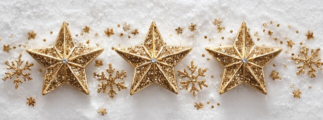 Three gold stars and snowflakes on a white background, glittering.