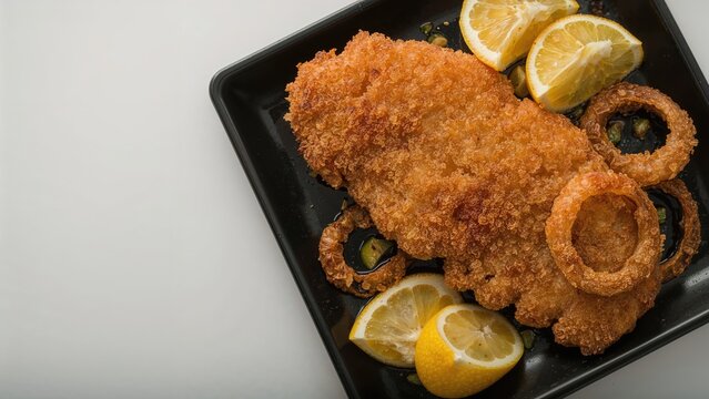 Fried fish with lemon wedges served on a black plate.