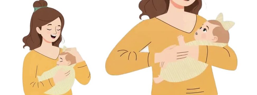 A cartoon animation video about a mother and her child. The mother lovingly holds her child, sings a lullaby, and embraces them, showcasing a mother's love for Mother's Day. Theme Motherhood.