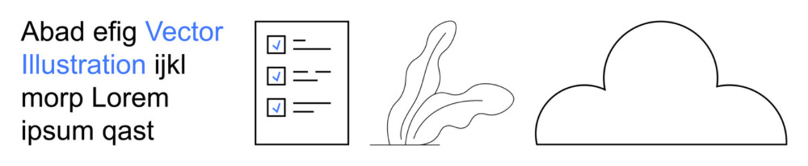 Productivity, design, organization, information, technology, planning. Minimalist checklist, abstract plant and cloud icons. Productivity and design tools concept