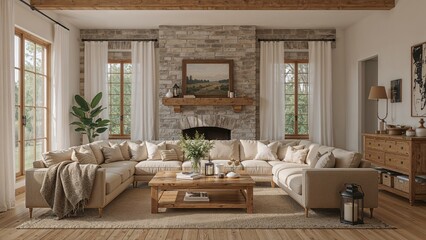Obraz premium Cozy living room with large beige sectional sofa, stone fireplace, wooden coffee table, and natural light from windows with white curtains.