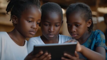 Excited refugee children exploring virtual environments in a digital classroom, representing STEM inclusion, modern education access, and the next generation of empowered global citizens. cinematic - Powered by Adobe
