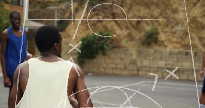 Shooter receiving blue basketball, shooting jumper, chalk overlay guiding shot, aiming to score