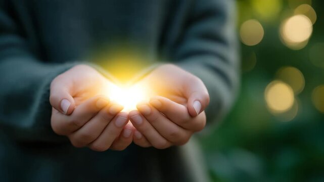 Hands gently cupping a glowing light against a blurred green background, symbolizing remembrance, emotional healing, and the eternal connection between memory and nature. cinematic color