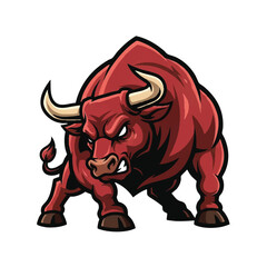 Aggressive bull mascot vector illustration features a bold outline and strong posture, rendered in a flat 2D style, symbolizing power and fierce determination against a clean white backdrop.