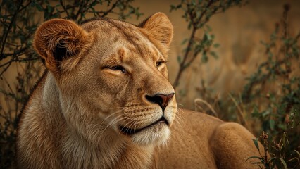 Obraz premium Close-up of a lioness with a calm expression in a natural habitat. Wildlife and nature photography. The essence of wild animals and their environment.