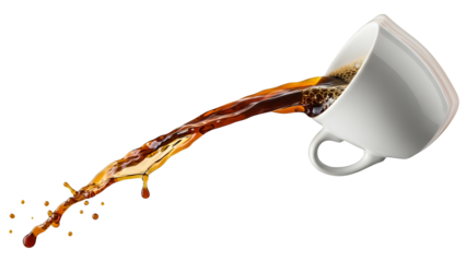 Dynamic splash of dark coffee pouring from an overturned white ceramic cup, capturing energetic liquid movement with individual drops, isolated on transparent background for versatile design use