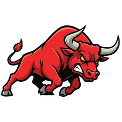 Angry bull mascot in a flat 2D vector illustration style, lowering its massive horns and ready to charge or attack, isolated menacingly on a clean white background.