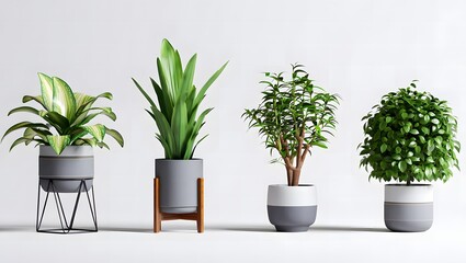Fototapeta premium A collection of four diverse houseplants in stylish grey and white pots against a clean background